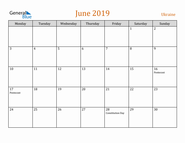 June 2019 Holiday Calendar with Monday Start