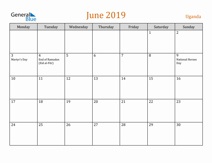 June 2019 Holiday Calendar with Monday Start