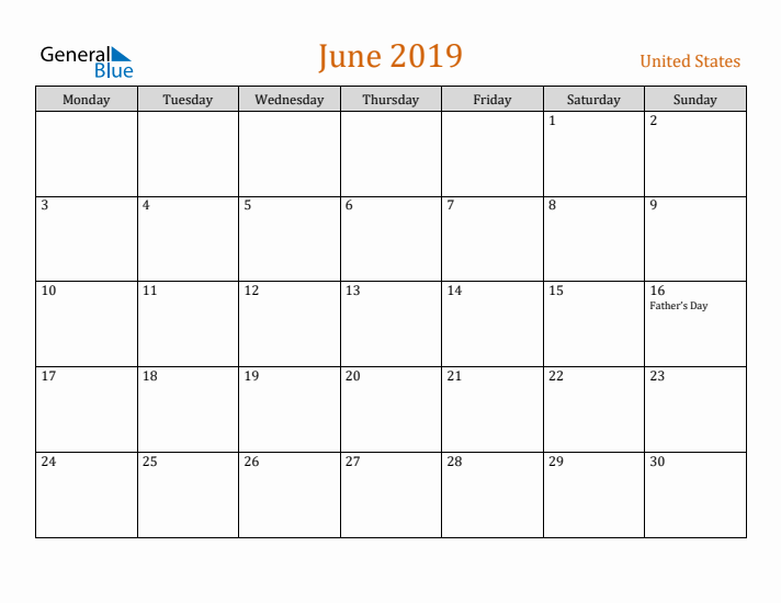 June 2019 Holiday Calendar with Monday Start