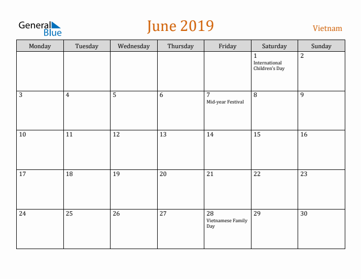 June 2019 Holiday Calendar with Monday Start