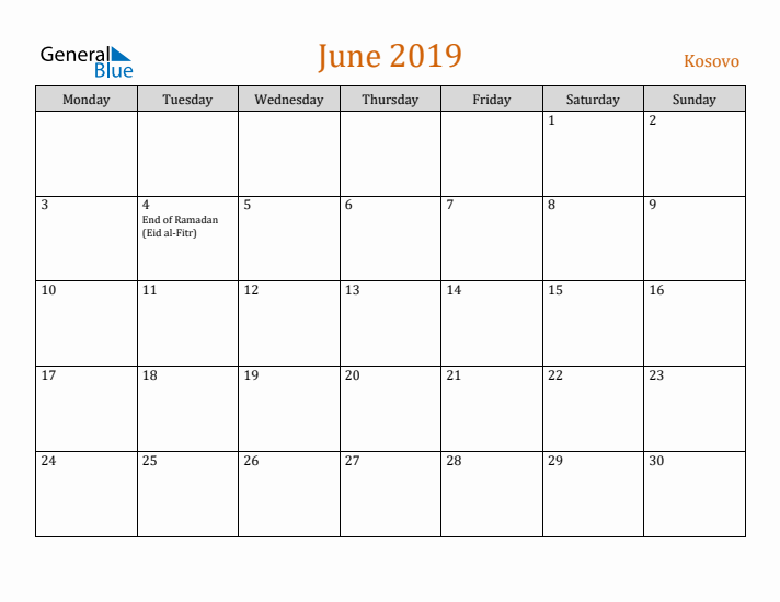 June 2019 Holiday Calendar with Monday Start