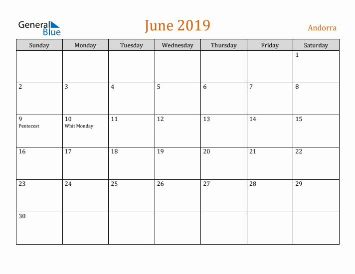 June 2019 Holiday Calendar with Sunday Start