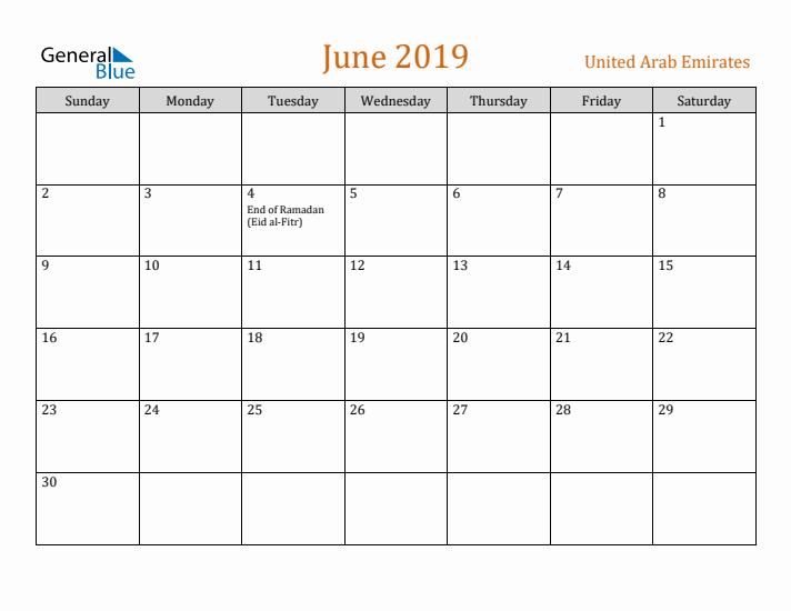 June 2019 Holiday Calendar with Sunday Start