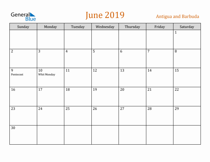 June 2019 Holiday Calendar with Sunday Start