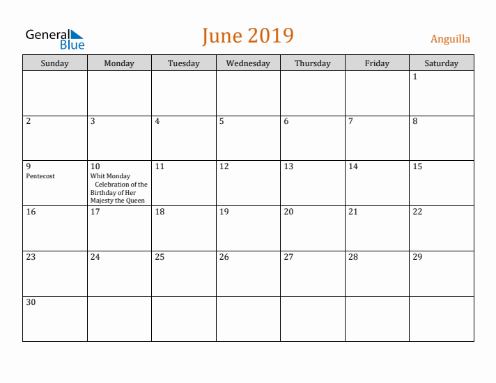 June 2019 Holiday Calendar with Sunday Start