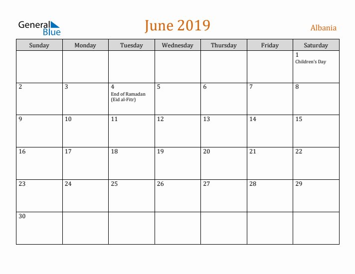 June 2019 Holiday Calendar with Sunday Start