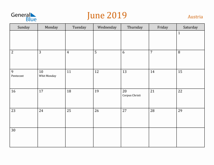 June 2019 Holiday Calendar with Sunday Start