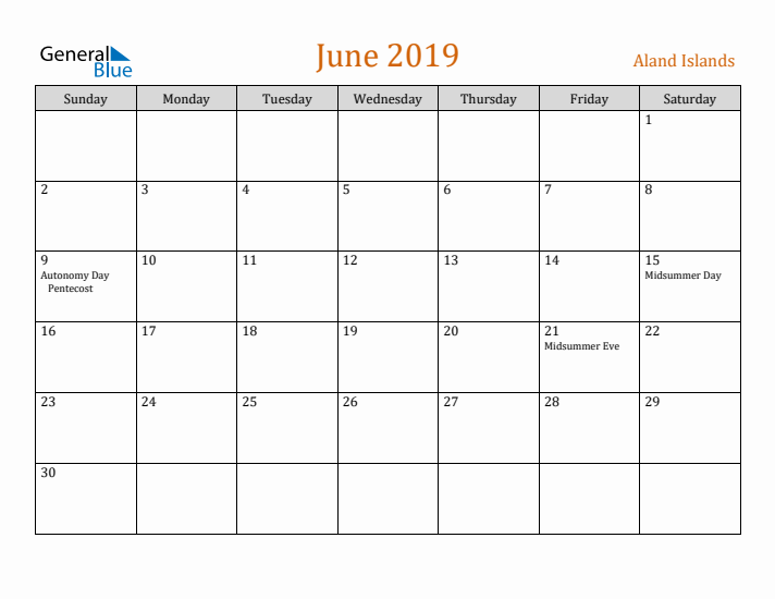 June 2019 Holiday Calendar with Sunday Start