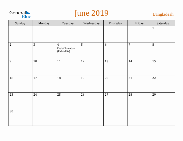 June 2019 Holiday Calendar with Sunday Start