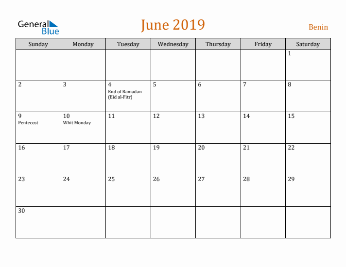 June 2019 Holiday Calendar with Sunday Start