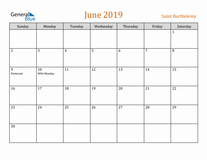 June 2019 Holiday Calendar with Sunday Start