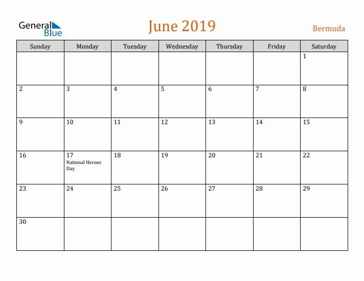 June 2019 Holiday Calendar with Sunday Start