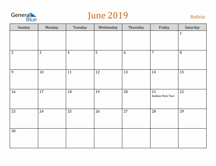 June 2019 Holiday Calendar with Sunday Start