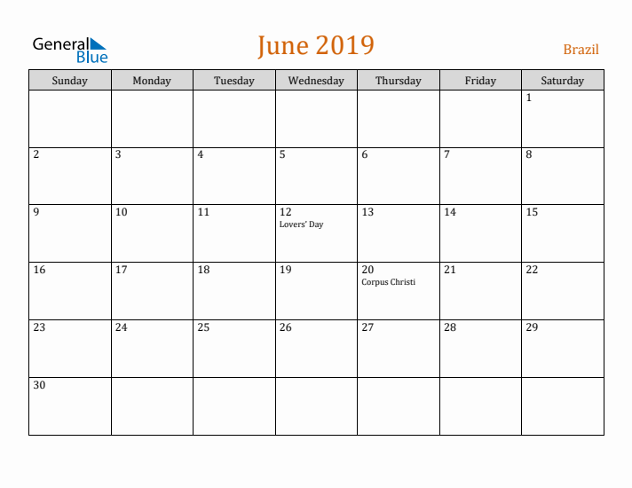 June 2019 Holiday Calendar with Sunday Start