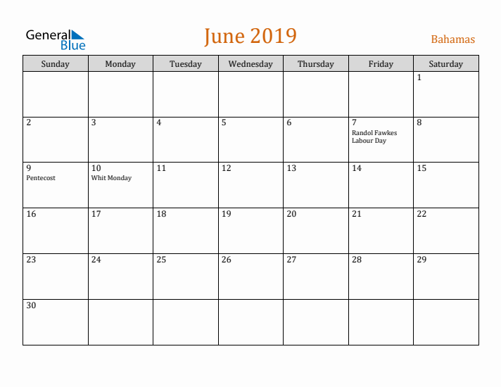 June 2019 Holiday Calendar with Sunday Start