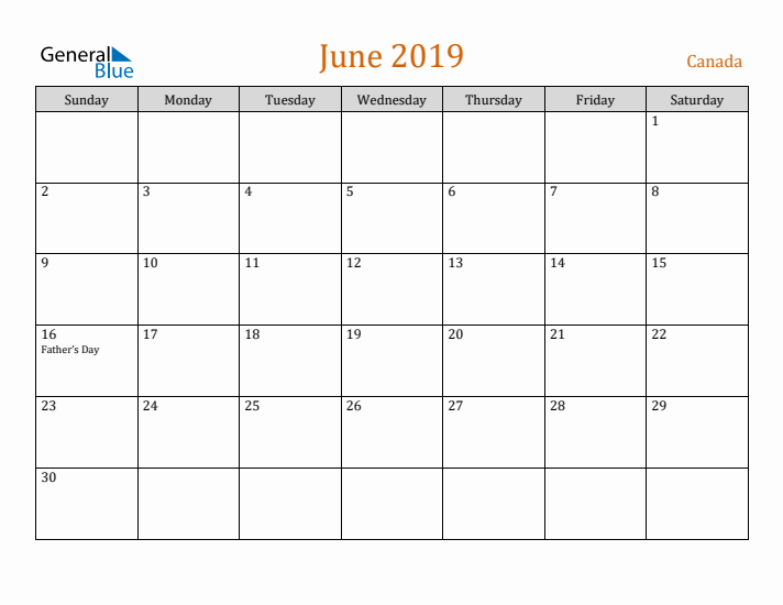 June 2019 Holiday Calendar with Sunday Start