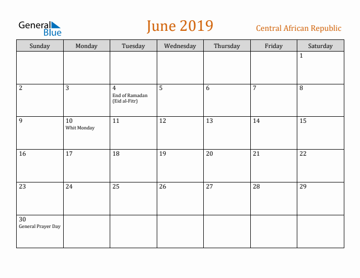 June 2019 Holiday Calendar with Sunday Start