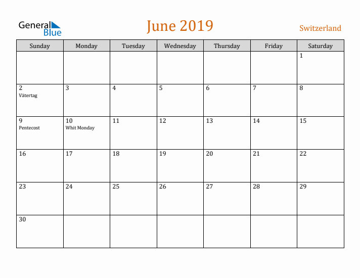 June 2019 Holiday Calendar with Sunday Start