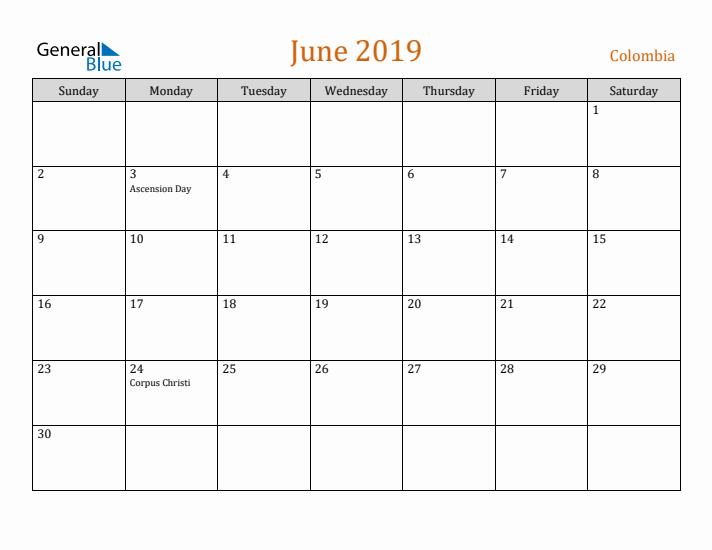 June 2019 Holiday Calendar with Sunday Start