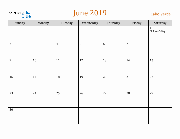 June 2019 Holiday Calendar with Sunday Start