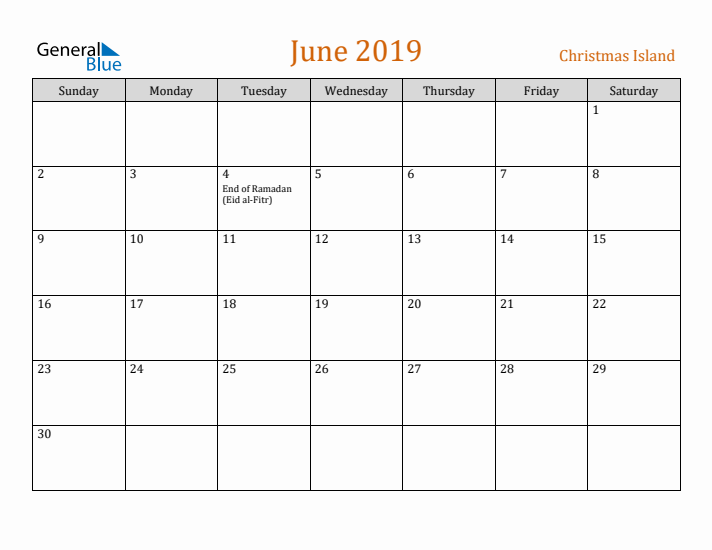 June 2019 Holiday Calendar with Sunday Start