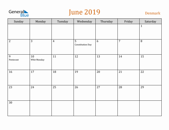 June 2019 Holiday Calendar with Sunday Start