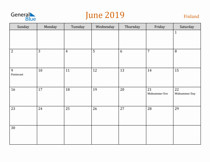 June 2019 Holiday Calendar with Sunday Start