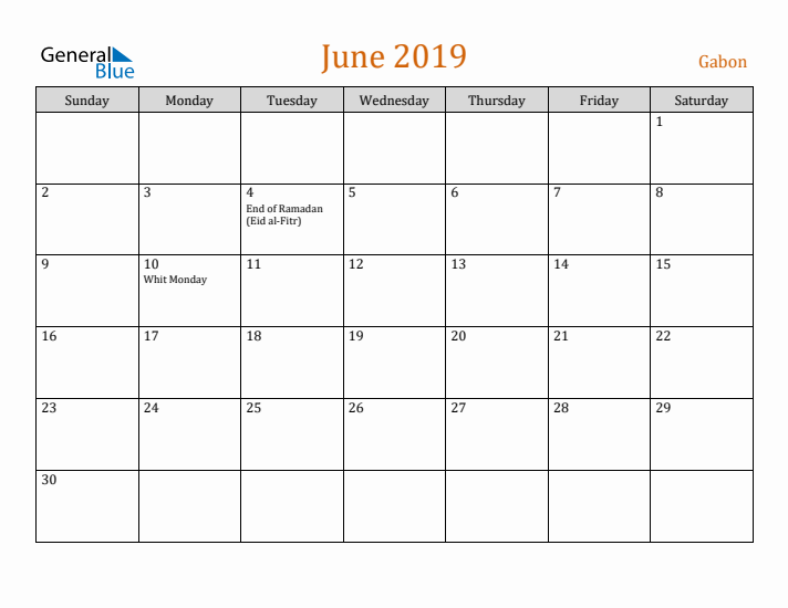 June 2019 Holiday Calendar with Sunday Start