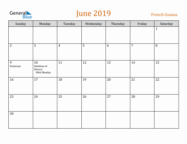 June 2019 Holiday Calendar with Sunday Start