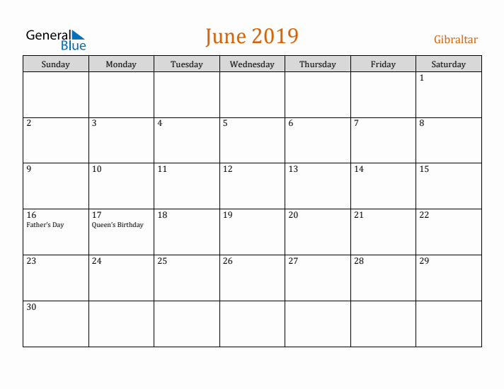 June 2019 Holiday Calendar with Sunday Start