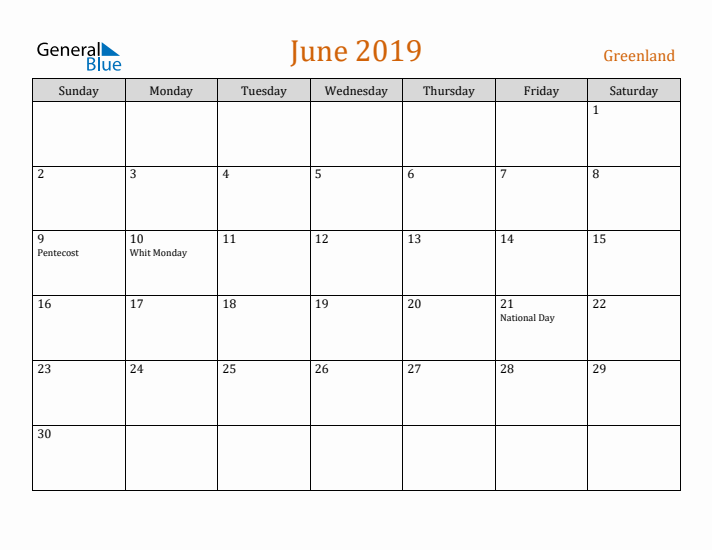 June 2019 Holiday Calendar with Sunday Start