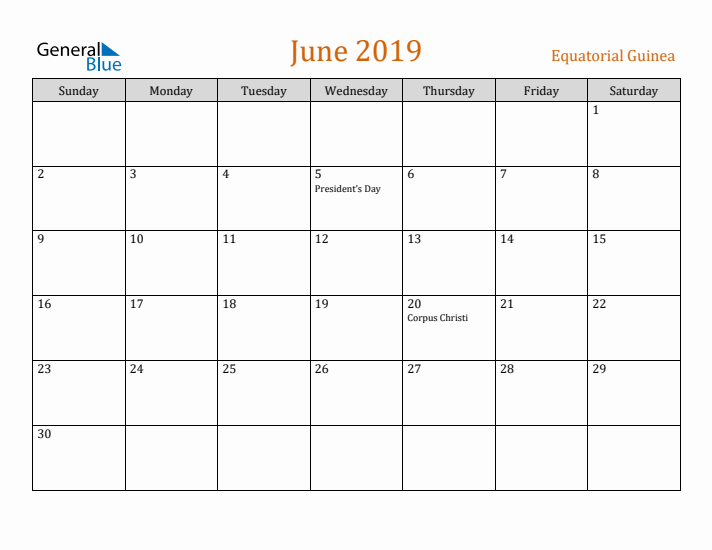 June 2019 Holiday Calendar with Sunday Start