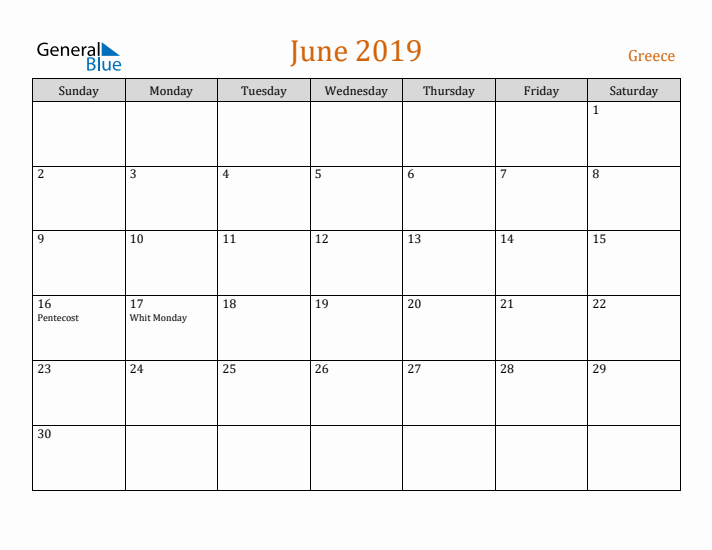 June 2019 Holiday Calendar with Sunday Start