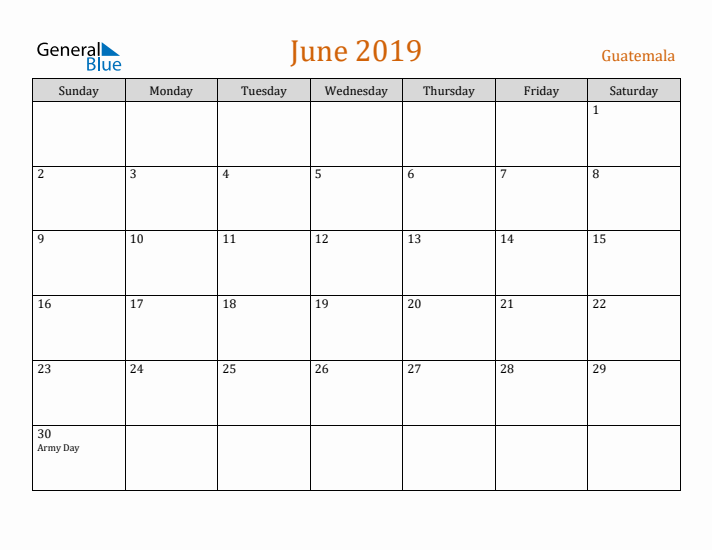 June 2019 Holiday Calendar with Sunday Start