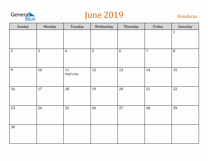 June 2019 Holiday Calendar with Sunday Start