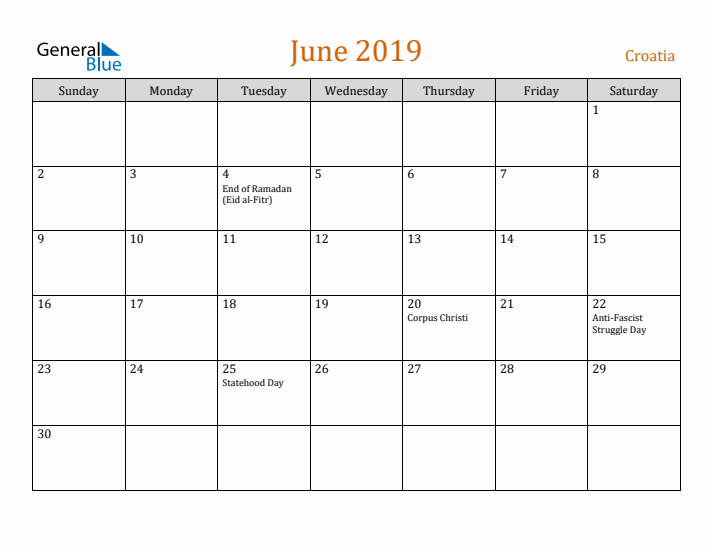 June 2019 Holiday Calendar with Sunday Start