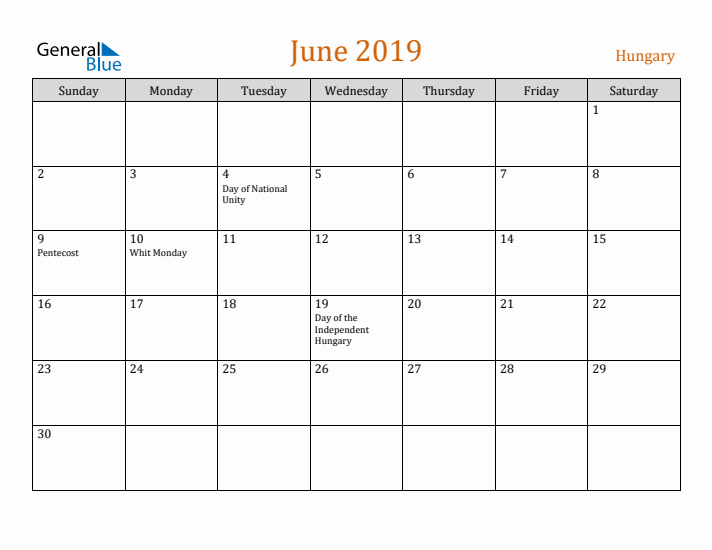 June 2019 Holiday Calendar with Sunday Start