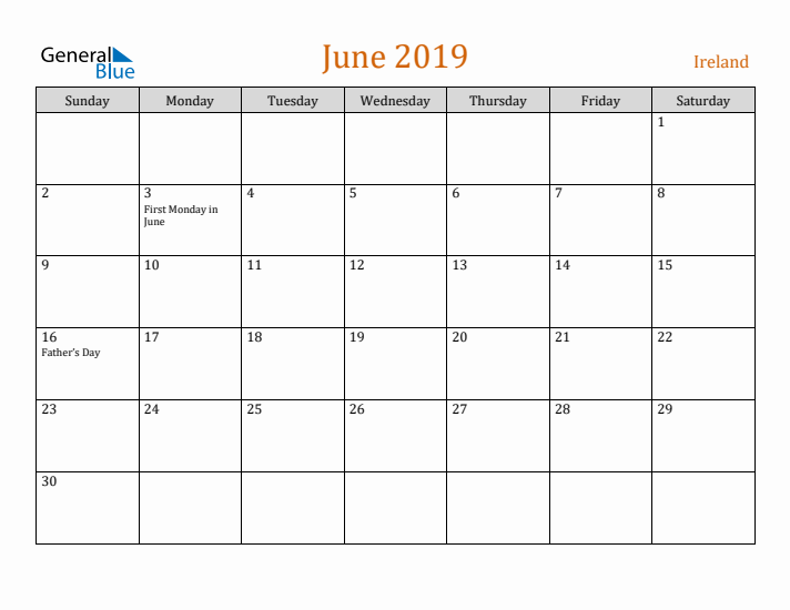 June 2019 Holiday Calendar with Sunday Start