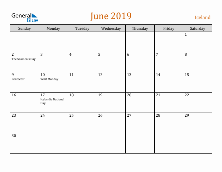 June 2019 Holiday Calendar with Sunday Start