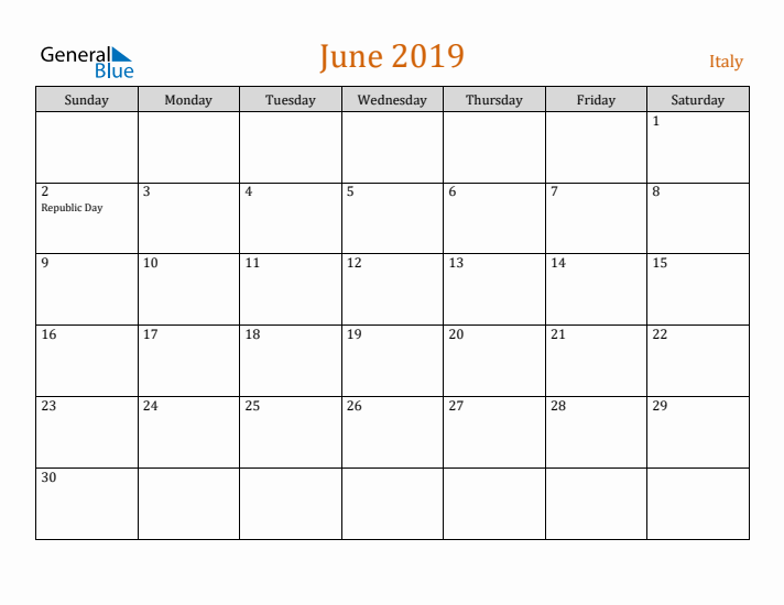 June 2019 Holiday Calendar with Sunday Start