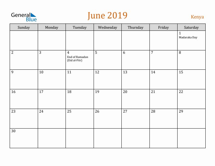 June 2019 Holiday Calendar with Sunday Start