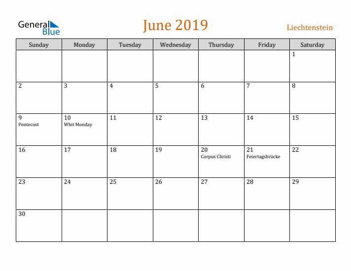 June 2019 Holiday Calendar with Sunday Start