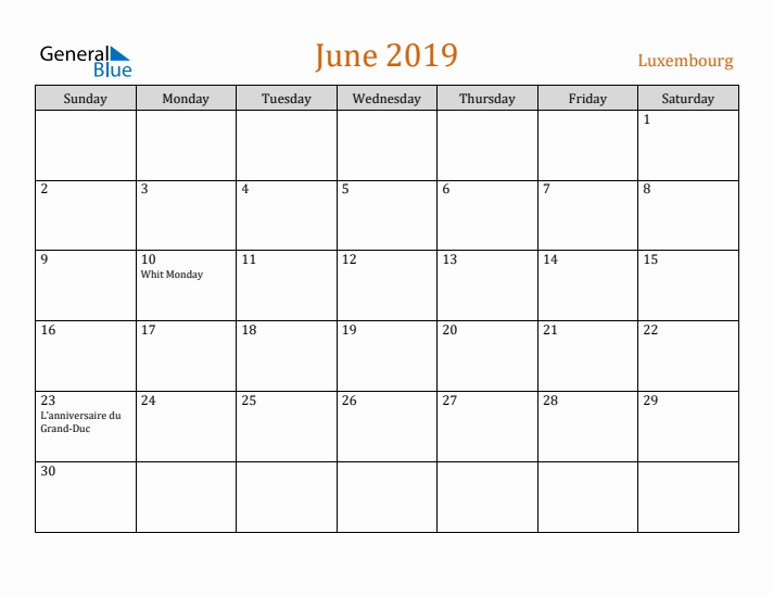 June 2019 Holiday Calendar with Sunday Start