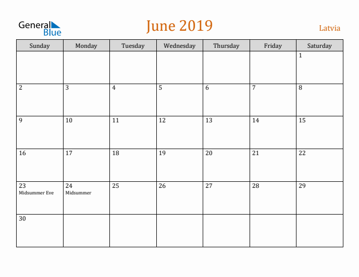 June 2019 Holiday Calendar with Sunday Start