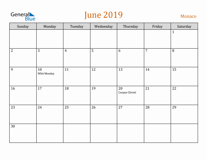 June 2019 Holiday Calendar with Sunday Start