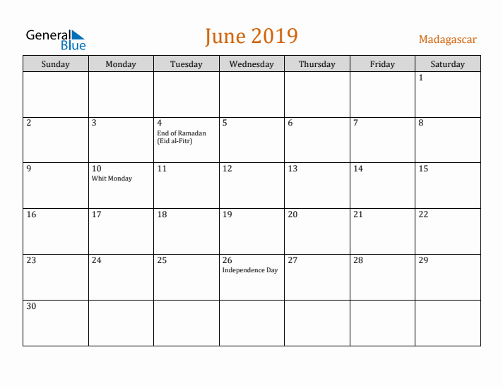 June 2019 Holiday Calendar with Sunday Start