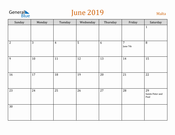 June 2019 Holiday Calendar with Sunday Start