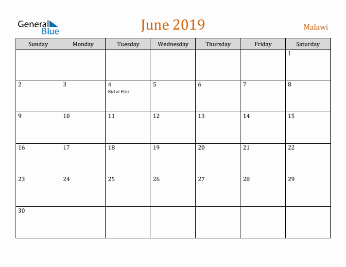 June 2019 Holiday Calendar with Sunday Start