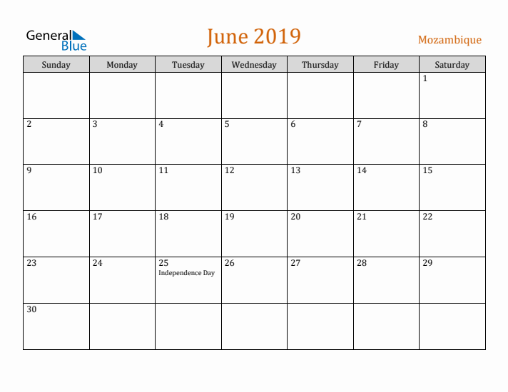 June 2019 Holiday Calendar with Sunday Start