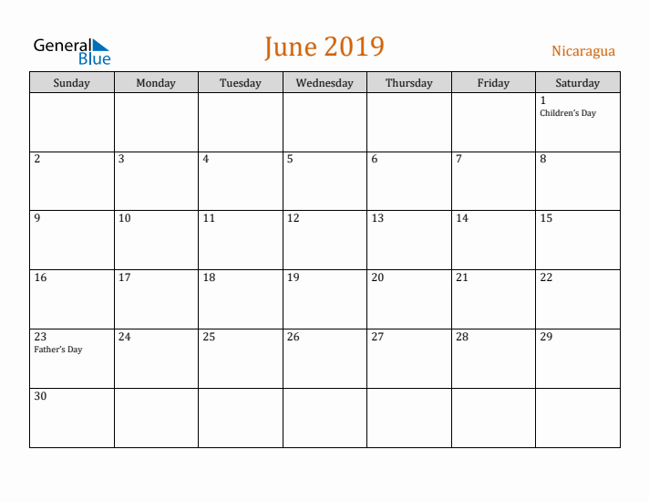 June 2019 Holiday Calendar with Sunday Start